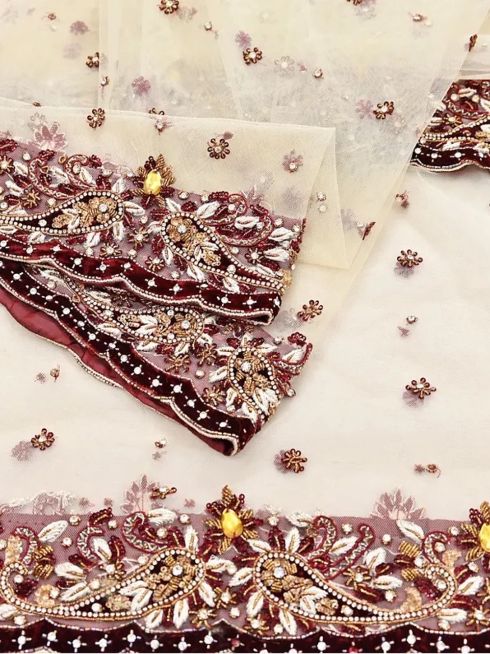 BEAUTIFUL Vintage Indian Dupatta / Veil Ivory Beadwork Wine Burgundy Red Shawl